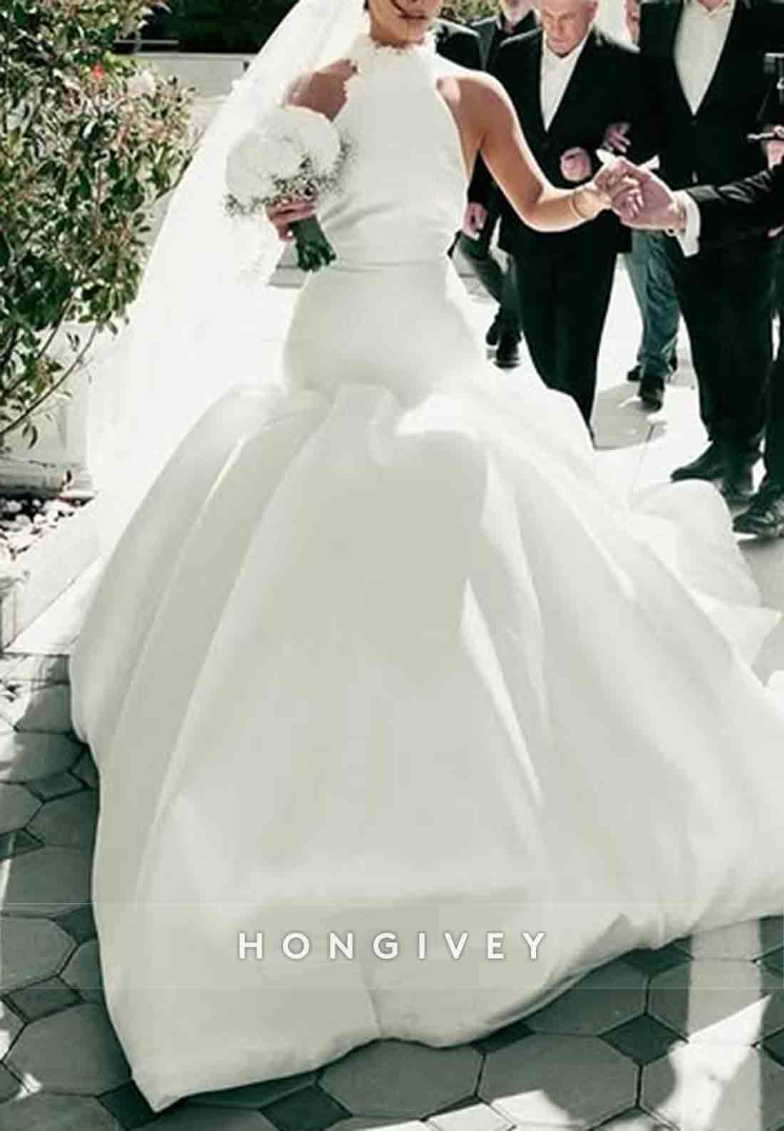 Halter Neck Pleated Satin Court Train Backless Mermaid Wedding Dresses