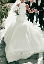 Halter Neck Pleated Satin Court Train Backless Mermaid Wedding Dresses