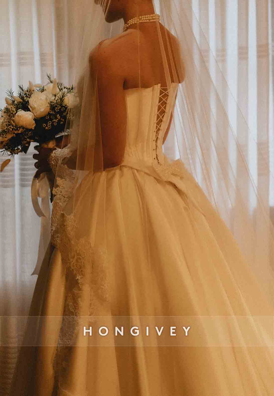 V-Neck Strapless Princess Crisscross Back Satin Empire Bridal Gown