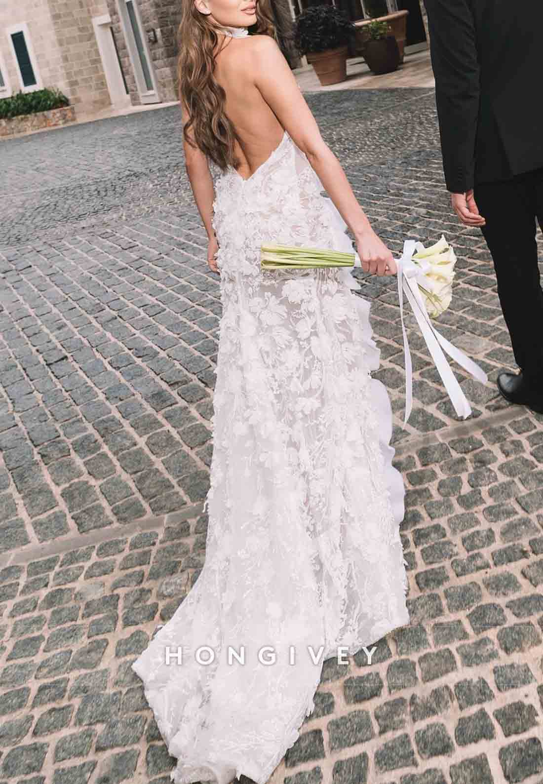 Backless Appliqued Halter Neck Ruched Wedding Dresses with High Slit