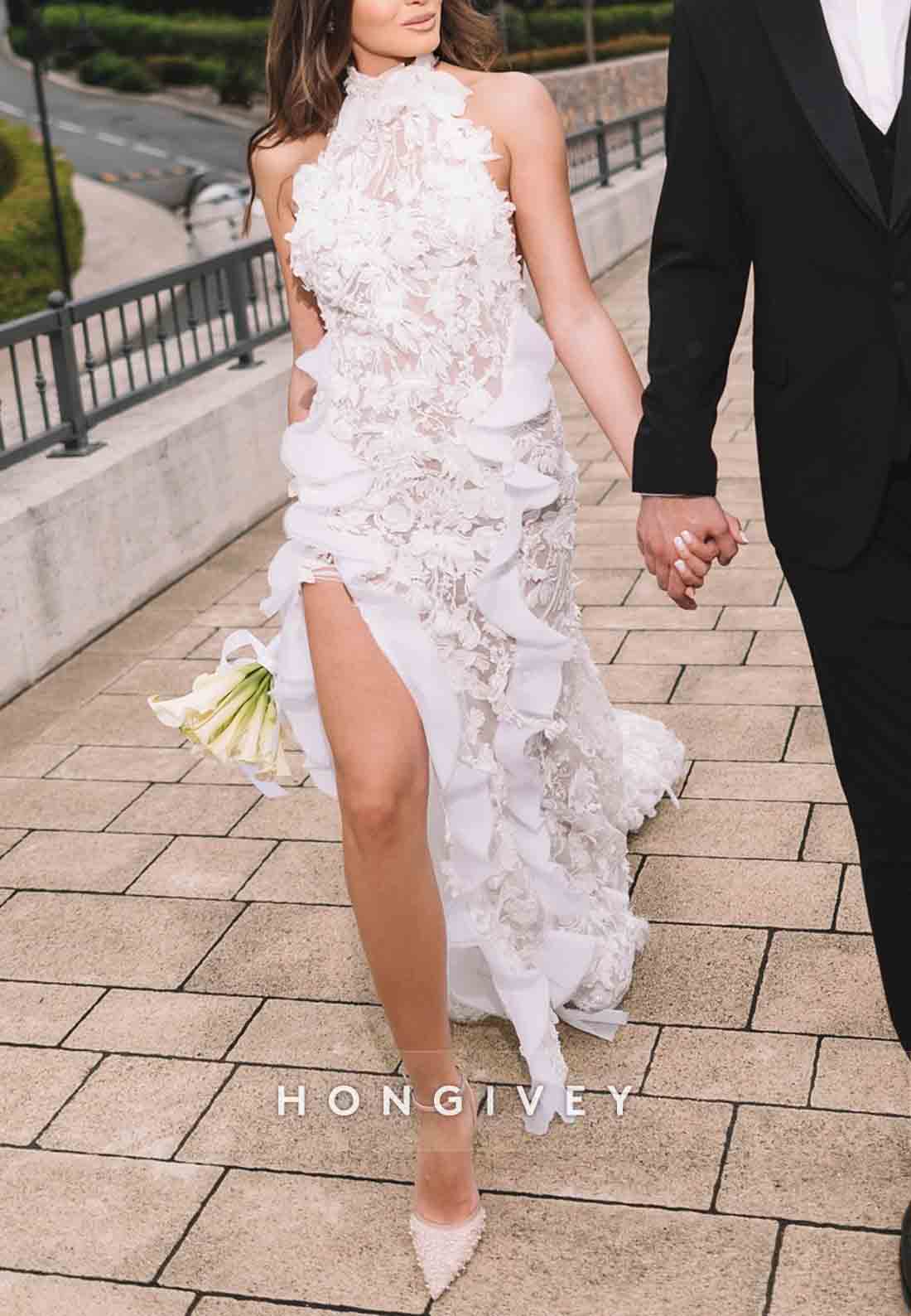 Backless Appliqued Halter Neck Ruched Wedding Dresses with High Slit