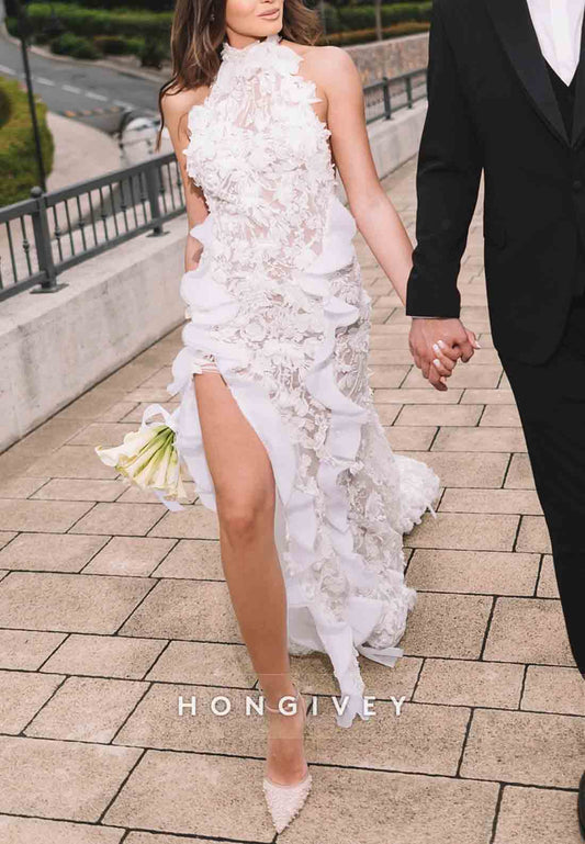 Backless Appliqued Halter Neck Ruched Wedding Dresses with High Slit