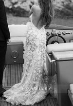 Backless Appliqued Halter Neck Ruched Wedding Dresses with High Slit