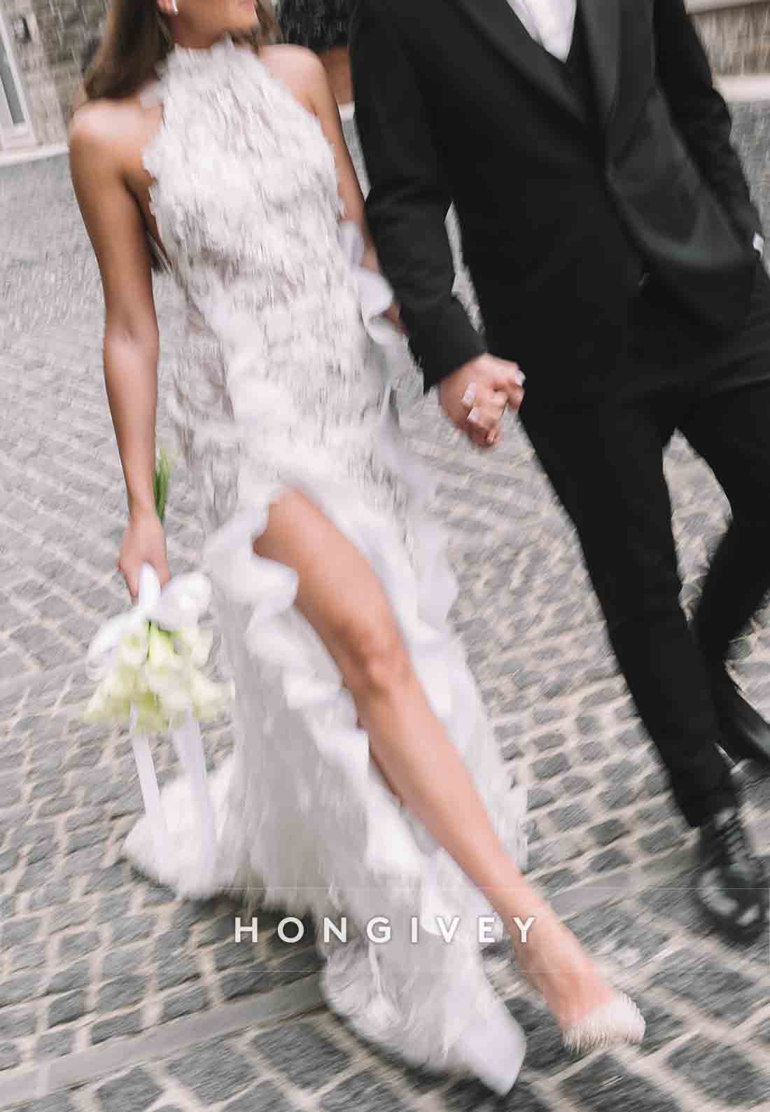 Backless Appliqued Halter Neck Ruched Wedding Dresses with High Slit