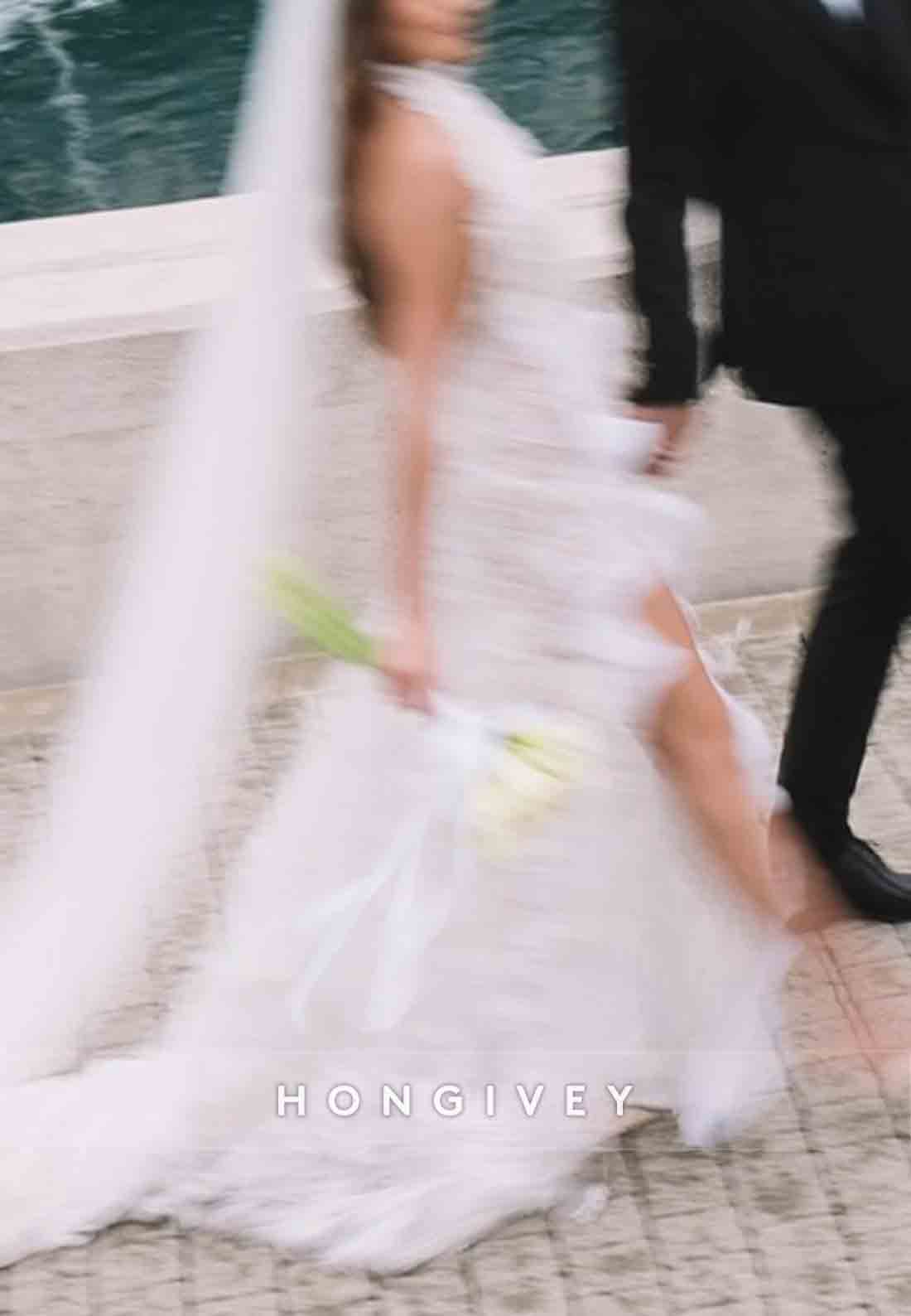 Backless Appliqued Halter Neck Ruched Wedding Dresses with High Slit