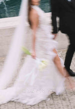 Backless Appliqued Halter Neck Ruched Wedding Dresses with High Slit