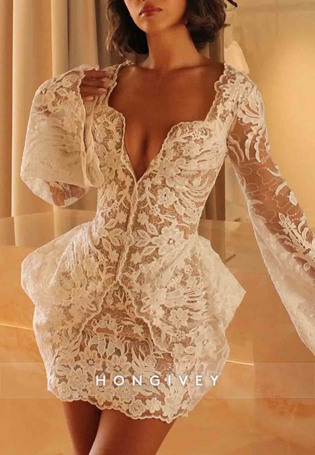 Low V-Neck Bell Sleeves Bell Sleeves Short  Boho Wedding Dresses