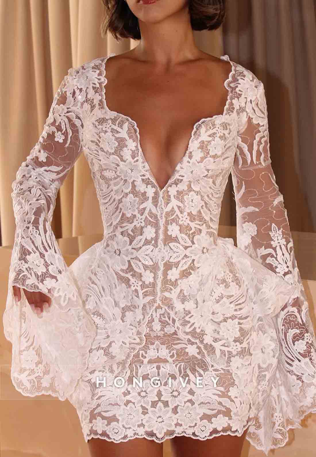 Low V-Neck Bell Sleeves Bell Sleeves Short  Boho Wedding Dresses