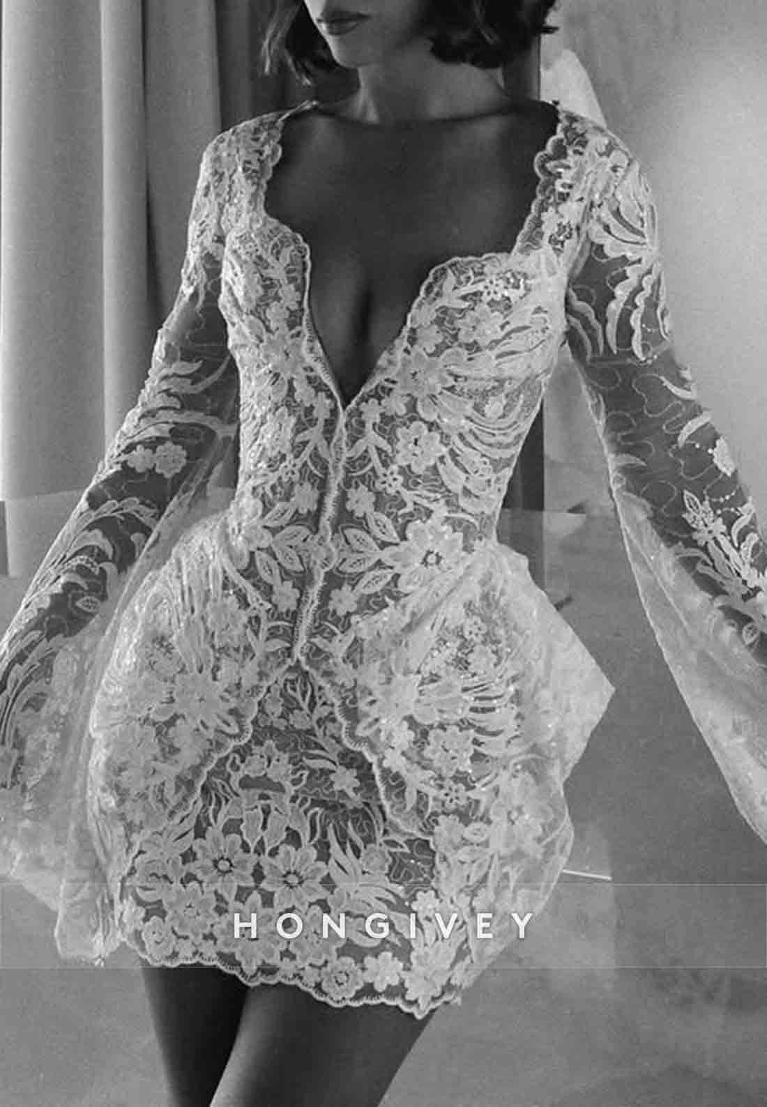 Low V-Neck Bell Sleeves Bell Sleeves Short  Boho Wedding Dresses