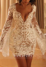 Low V-Neck Bell Sleeves Bell Sleeves Short  Boho Wedding Dresses
