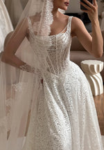 Regular Straps Square Neck Lace A-Line Empire Wedding Dresses with Pearls