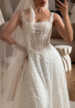 Regular Straps Square Neck Lace A-Line Empire Wedding Dresses with Pearls