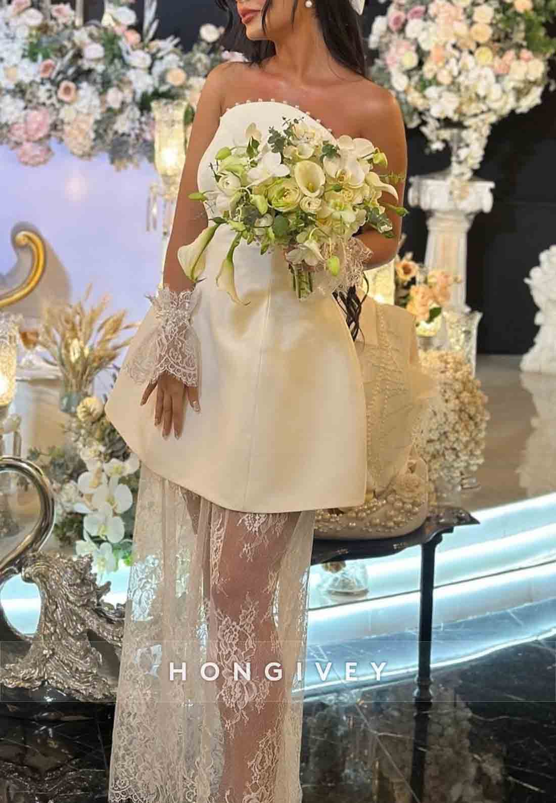 A-Line Floor-Length Sleeveless Lace Pleated Strapless Wedding Dresses