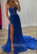 A-Line Deep V-Neck Rhinestone  Ruched Party Prom Dresses With Train