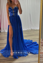 A-Line Deep V-Neck Rhinestone  Ruched Party Prom Dresses With Train