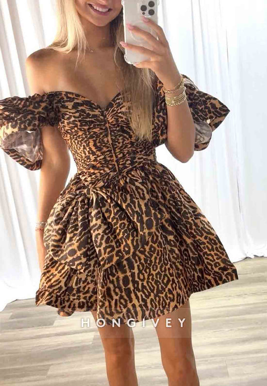 Prleopard Print Off the Shoulder Pleated Princess Mini Homecoming Dresses