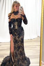 Sexy Black Lace Off the Shoulder Long Sleeve Mermaid Side Slit Prom Dress