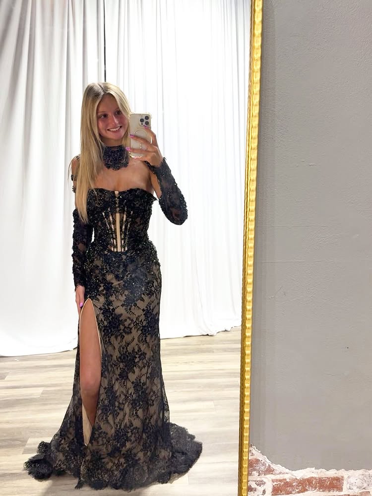 Sexy Black Lace Off the Shoulder Long Sleeve Mermaid Side Slit Prom Dress