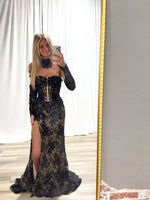 Sexy Black Lace Off the Shoulder Long Sleeve Mermaid Side Slit Prom Dress