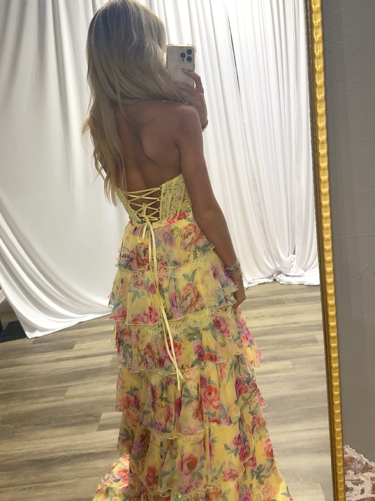 Yellow Sweetheart Sleeveless A-Line Floral Print Side Slit Prom Dress