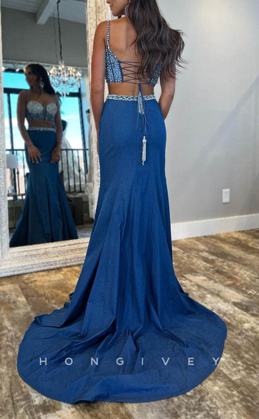 L2703 - Two-Piece Beaded Spaghetti Straps With Train Party Prom Evening Dress