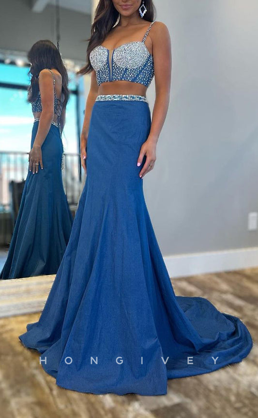 L2703 - Two-Piece Beaded Spaghetti Straps With Train Party Prom Evening Dress