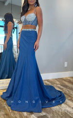 L2703 - Two-Piece Beaded Spaghetti Straps With Train Party Prom Evening Dress