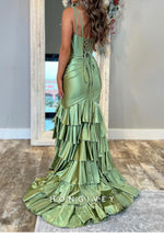 V-Neck Mermaid Tiered Split Prom Dresses with Train