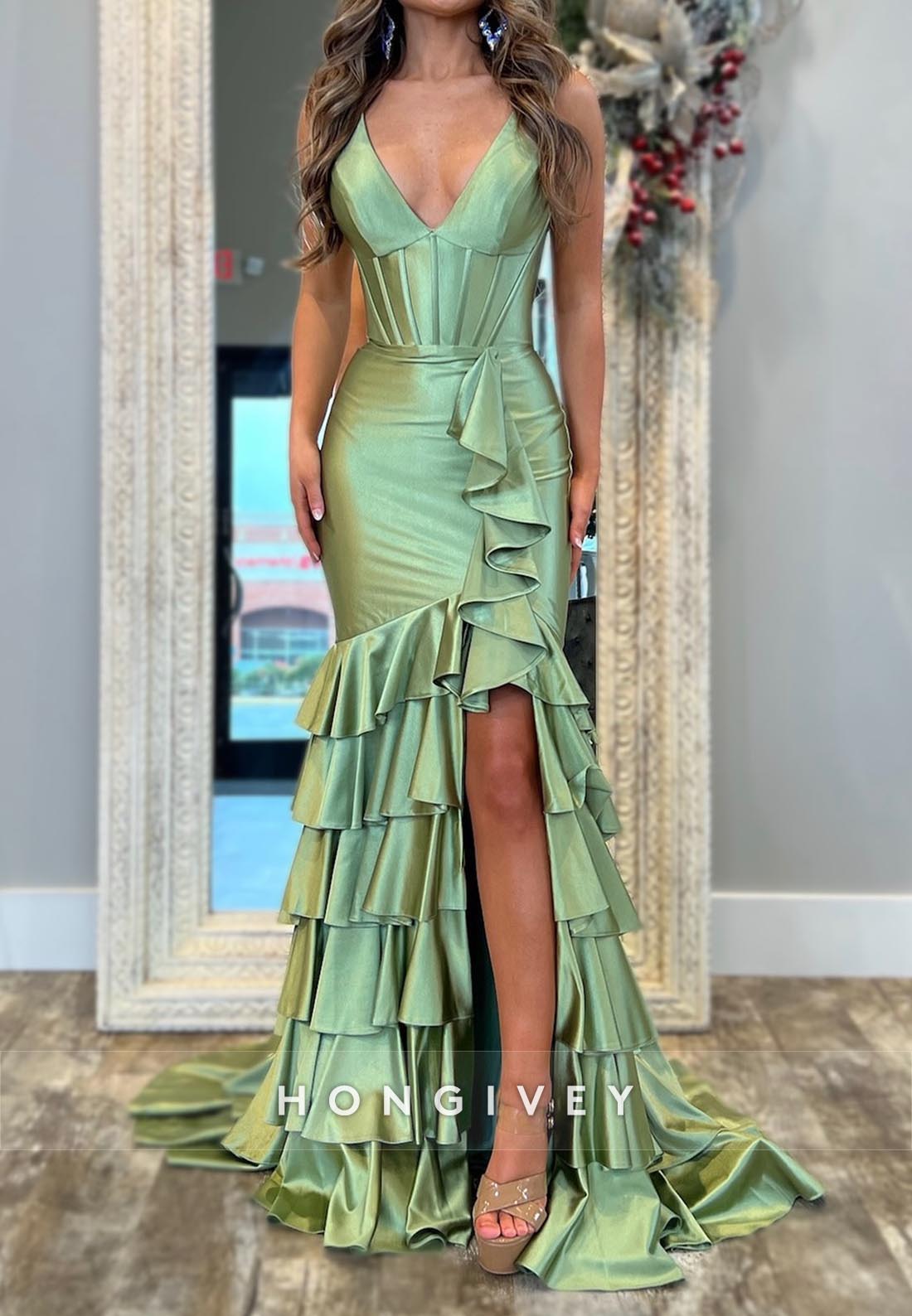 V-Neck Mermaid Tiered Split Prom Dresses with Train