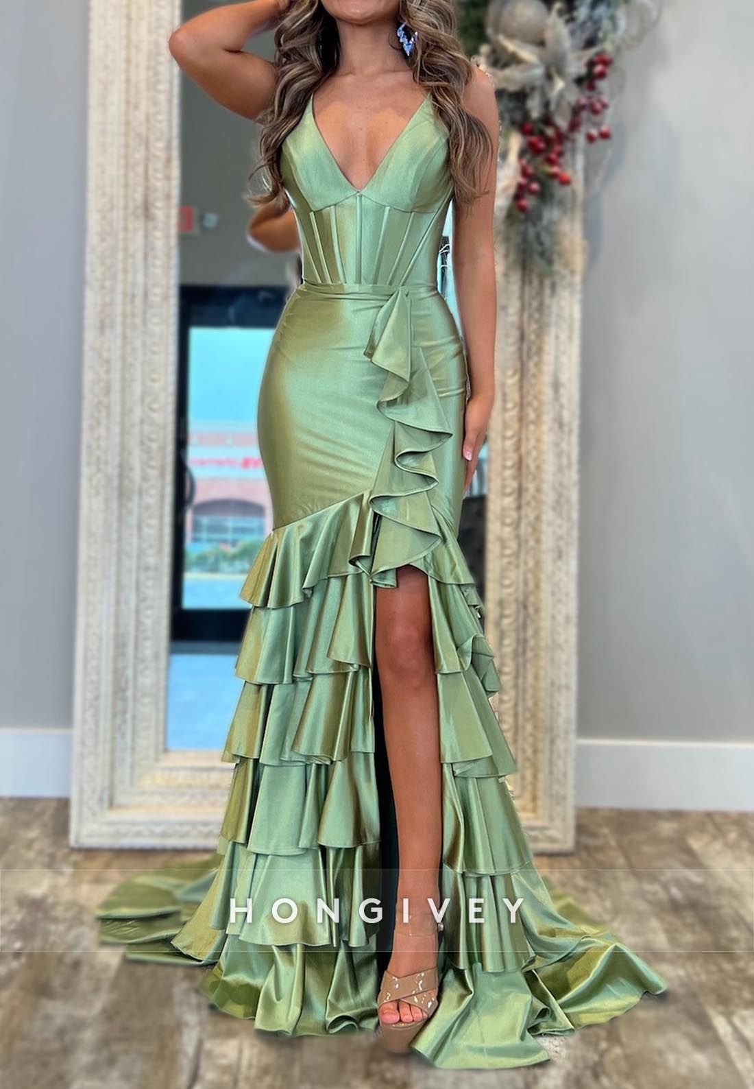 V-Neck Mermaid Tiered Split Prom Dresses with Train