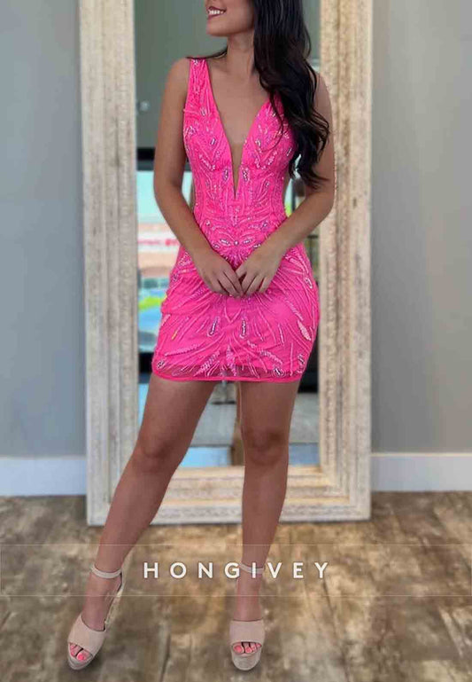 Regular Sheath Straps Low V-Neck Sleeveless Mini Homecoming Dresses