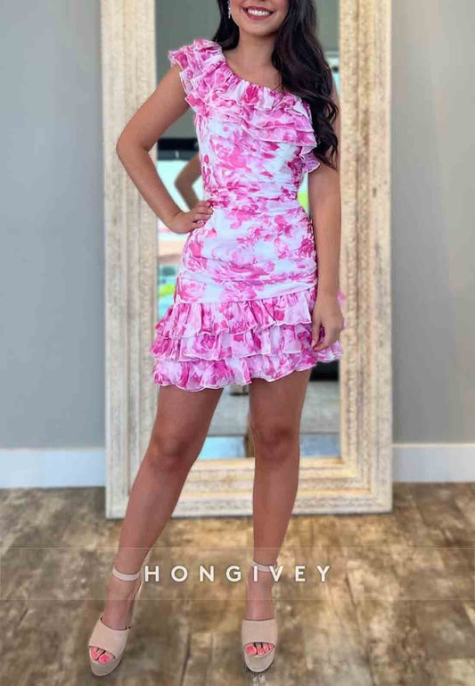 One Shoulder Floral Print Ruched Sheath Pleated Mini Homecoming Dresses