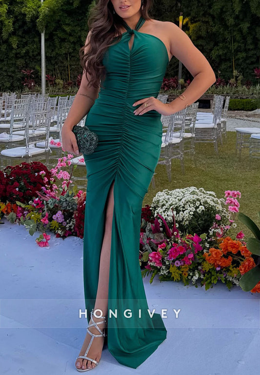Halter Neck Teal Mermaid Evening Gowns with High Slit and Ruffles