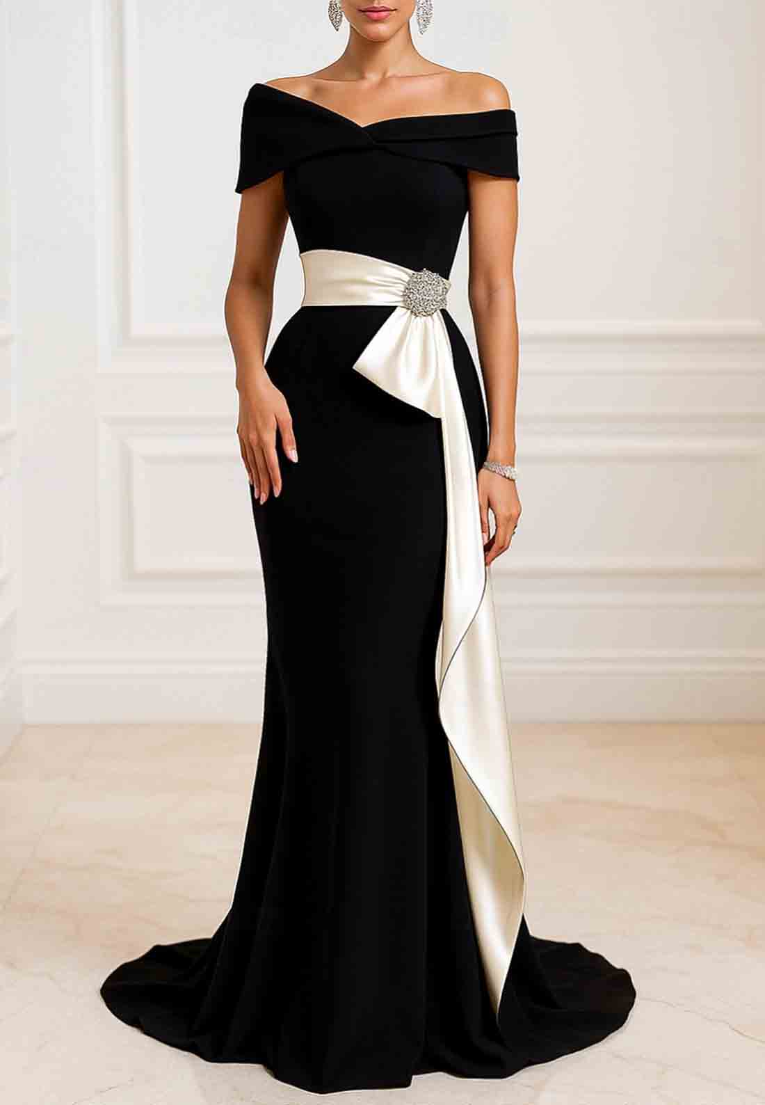 Black Off the Shoulder Side Draping Mermaid Evening Gowns