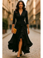 V-Neck 3/4 Sleeve A-Line Bow Ankle-Length Ruched Evening Dress