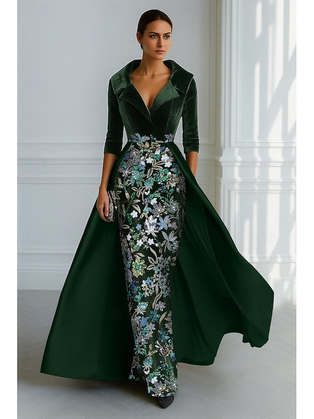 3/4 Sleeve V-Neck Flowers Floral Print Mermaid Evening Dress Floor-Length