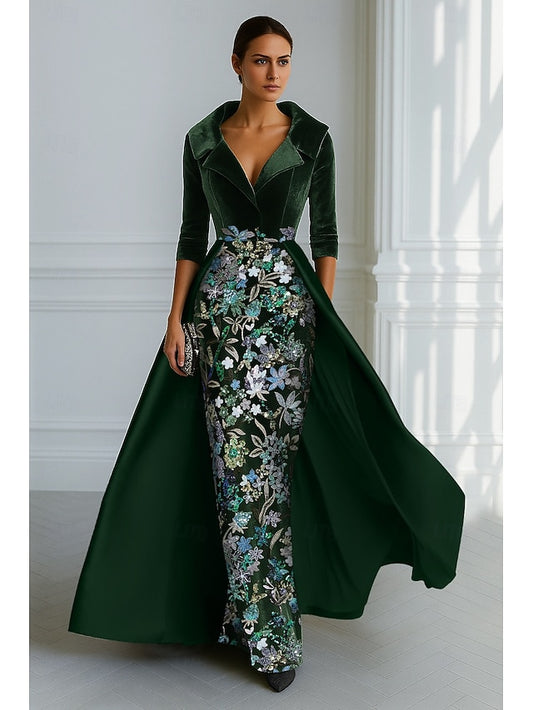 3/4 Sleeve V-Neck Flowers Floral Print Mermaid Evening Dress Floor-Length
