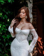 White Long Lace Sleeves Strapless V Neck Mermaid Long Wedding Dress