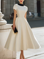 Contrast Collar Fit-and-Flare Midi Dress