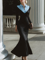 Contrast Collar Long Sleeve Mermaid Evening Gowns