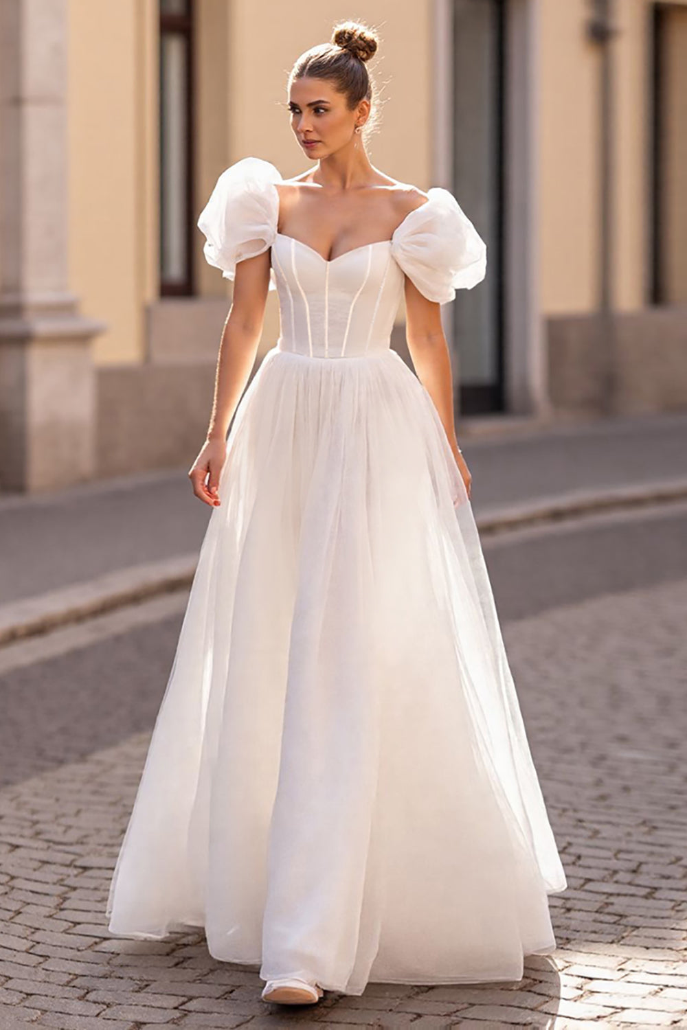 Bubble Sleeves Sweetheart Tulle A-Line Wedding Dress Long Online