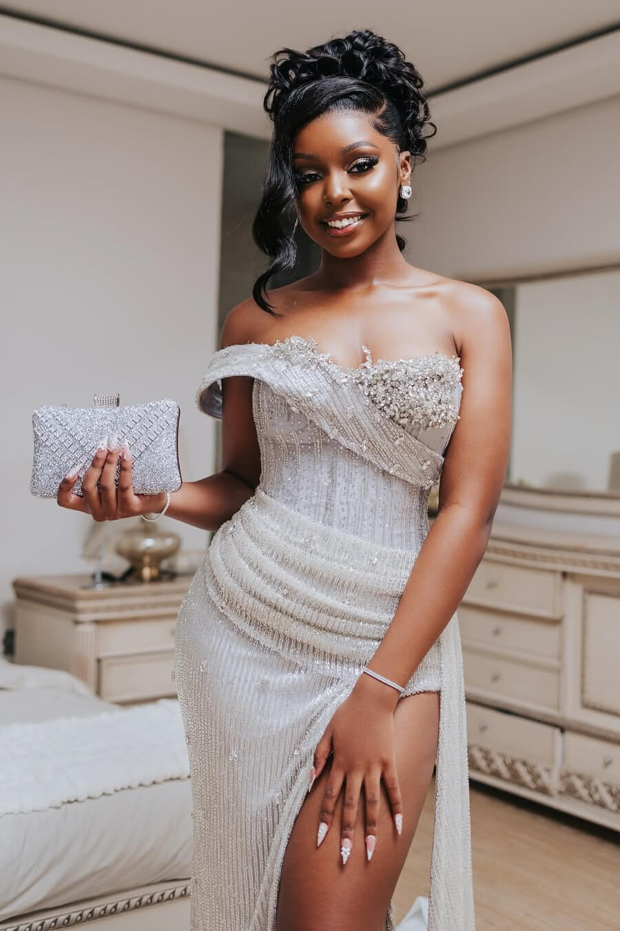 Modern Silver Off-the-Shoulder Sweetheart Mermaid Prom Dress Slit Long With Beadings