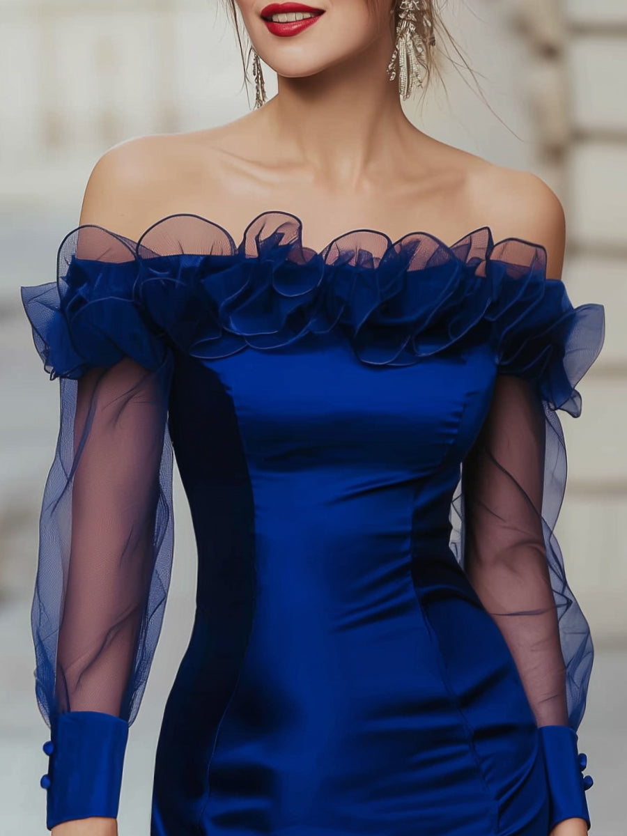 Off-Shoulder Satin Ruffle Evening Dress With Sheer Sleeves