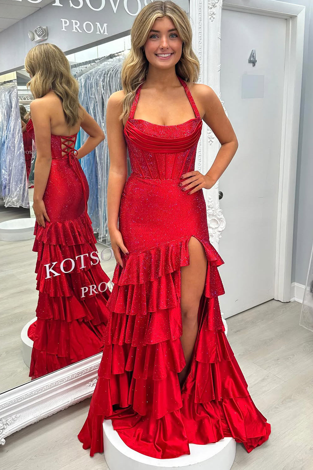 Sparkly Mermaid Scoop Neck Red Tiered Satin Prom Dress with Hot Stone