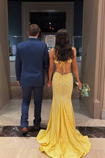 Sparkly Hot Stone Beading Mermaid Straps Yellow Long Prom Dresses with Slit