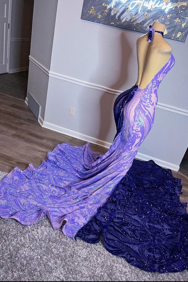 Purple Halter Sleeveless Beaded Sequins Mermaid Prom Dress With Appliques