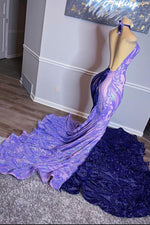 Purple Halter Sleeveless Beaded Sequins Mermaid Prom Dress With Appliques