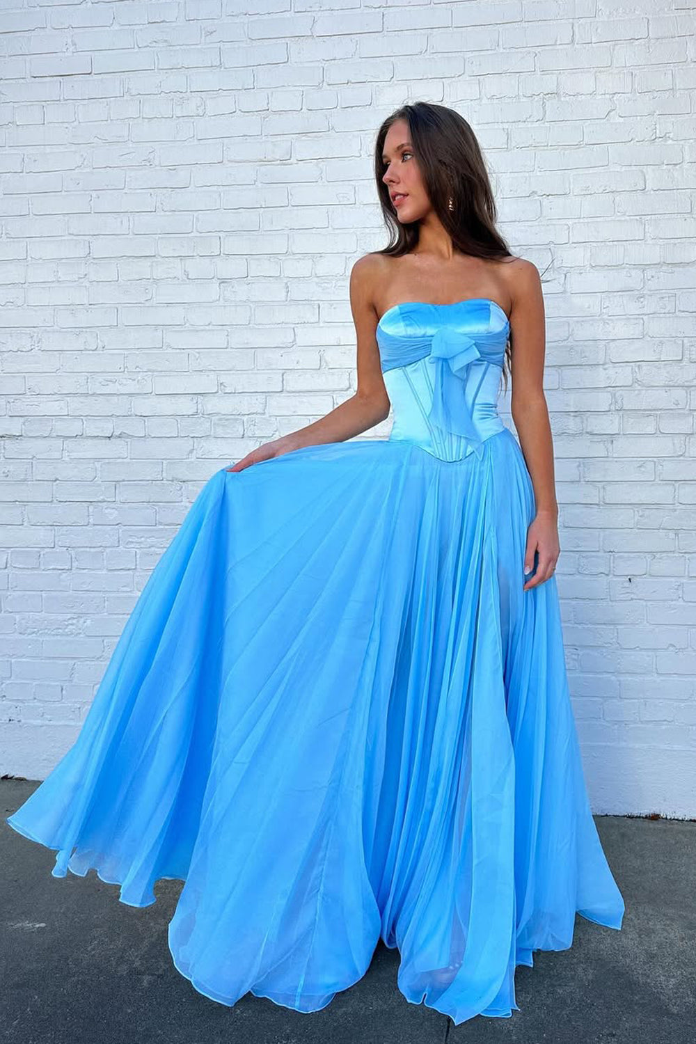 Cute A Line Sweetheart Blue Chiffon Prom Dress with Bow