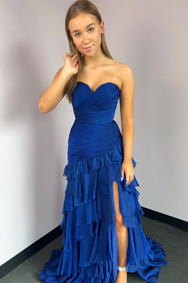 Charming Mermaid Sweetheart Royal Blue Chiffon Prom Dress with Slit