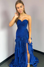Charming Mermaid Sweetheart Royal Blue Chiffon Prom Dress with Slit